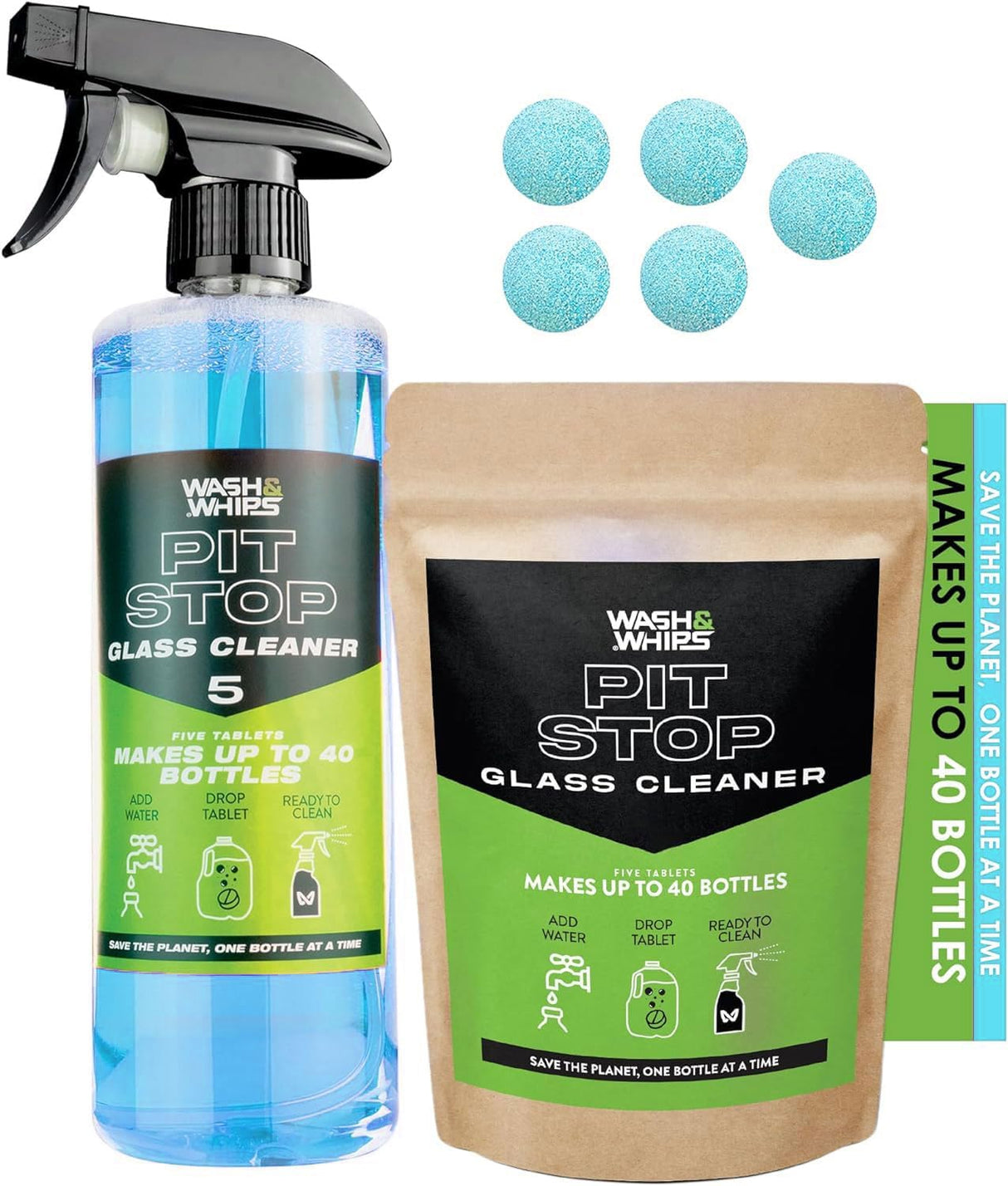 WASH&WHIPS Pit Stop Glass Cleaner / All Surface Cleaner Refill Tablets (Makes 5 Gallons) - Diesel Freak