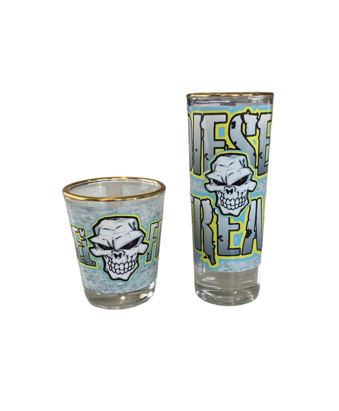 Blue and Yellow Diesel Freak Shot Glass - Gold Rim - Diesel Freak