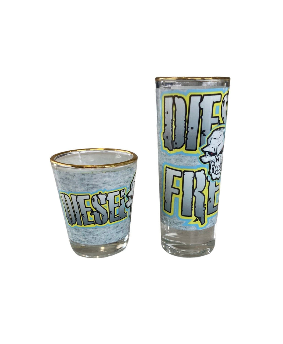 Blue and Yellow Diesel Freak Shot Glass - Gold Rim - Diesel Freak