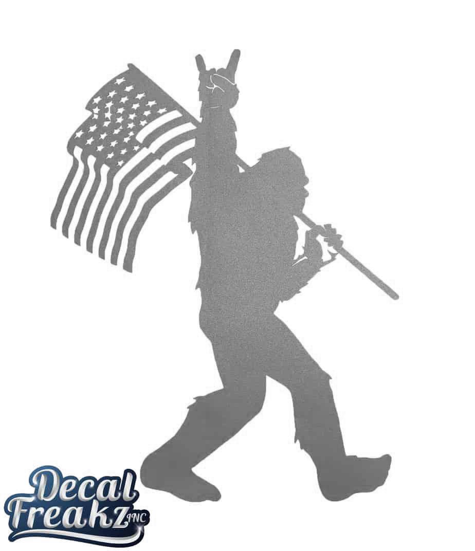 Sasquatch Rock on American Flag Big Foot Decal - Silver Metallic - Diesel Freak