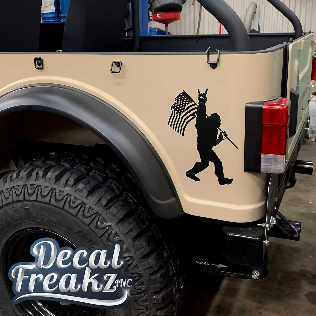 Sasquatch Rock On American Flag Bigfoot Decal - SOLID BLACK - Diesel Freak