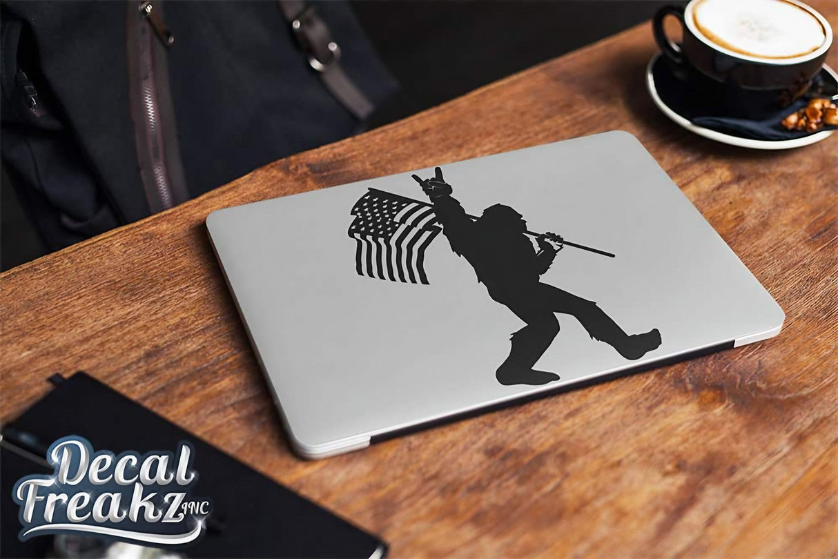 Sasquatch Rock On American Flag Bigfoot Decal - SOLID BLACK - Diesel Freak