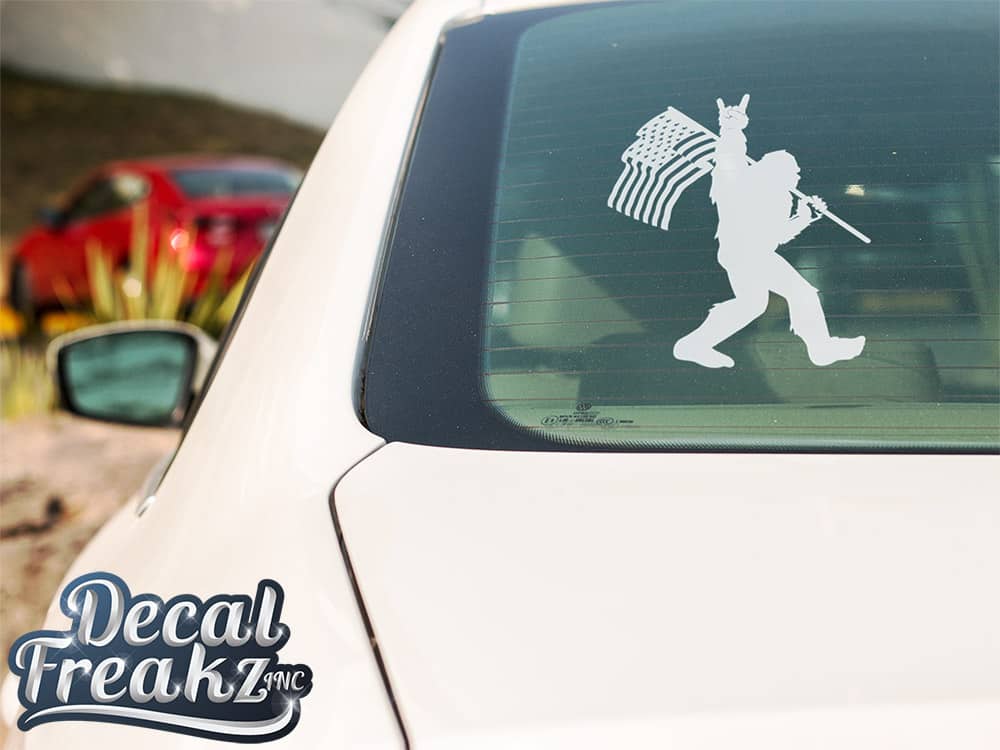 Sasquatch Rock On American Flag Bigfoot Decal - SOLID WHITE - Diesel Freak