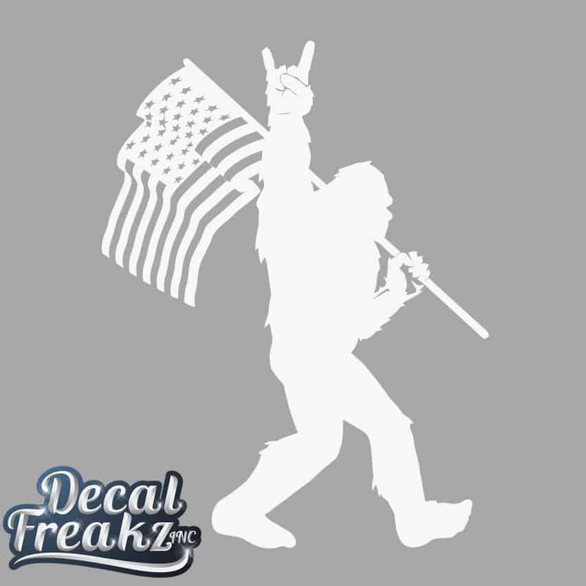 Sasquatch Rock On American Flag Bigfoot Decal - SOLID WHITE - Diesel Freak