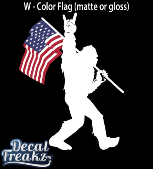 Sasquatch Rock On American Flag Bigfoot Decal - White with Colored Flag - Diesel Freak