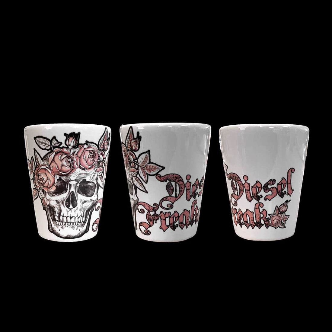 Skull and roses white ceramic shot glass - Diesel Freak