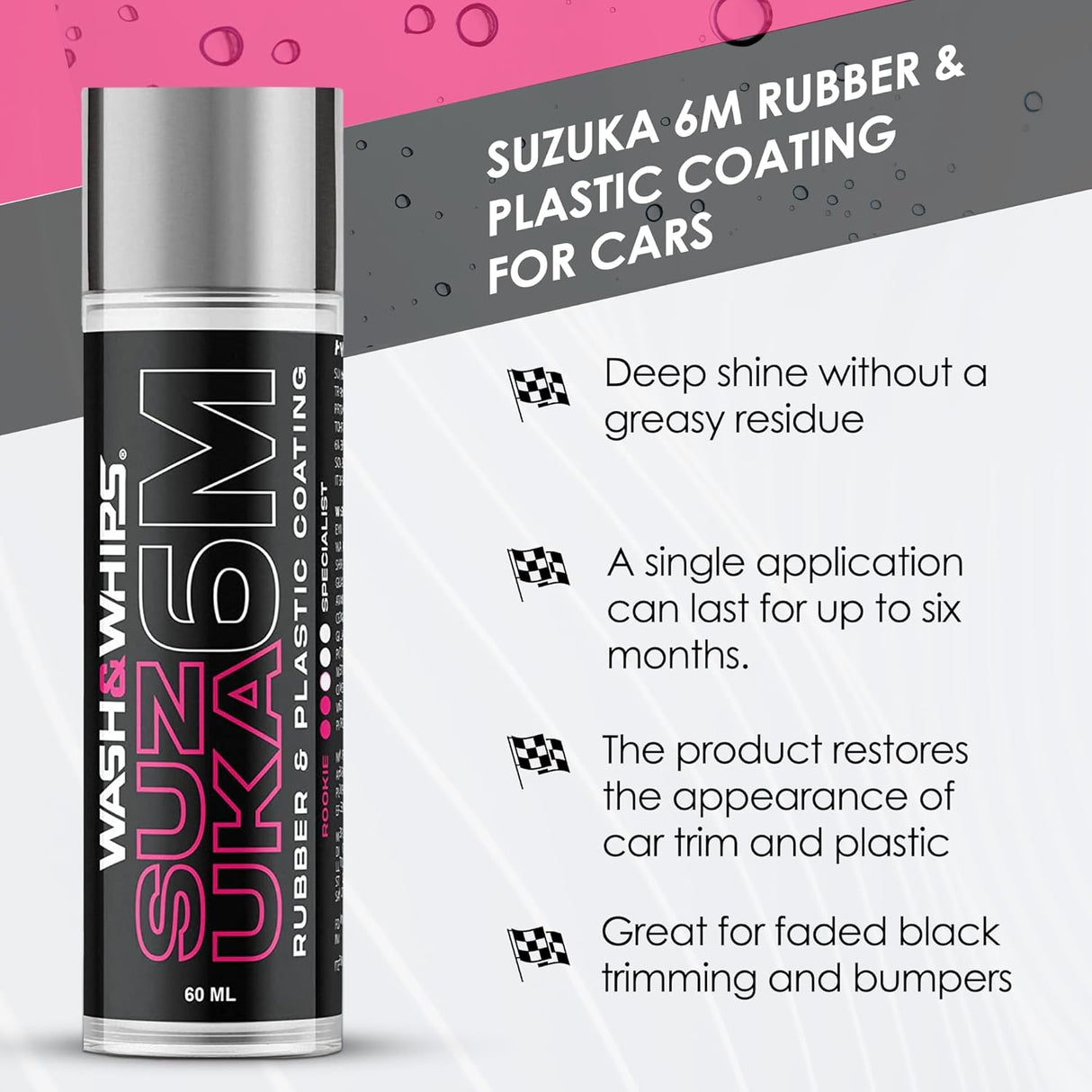 WASH&WHIPS Suzuka 6M Rubber & Plastic Coating for Cars, Restores and Brings Back Black - Concentrated Formula Non - Greasy, 60ml - Diesel Freak
