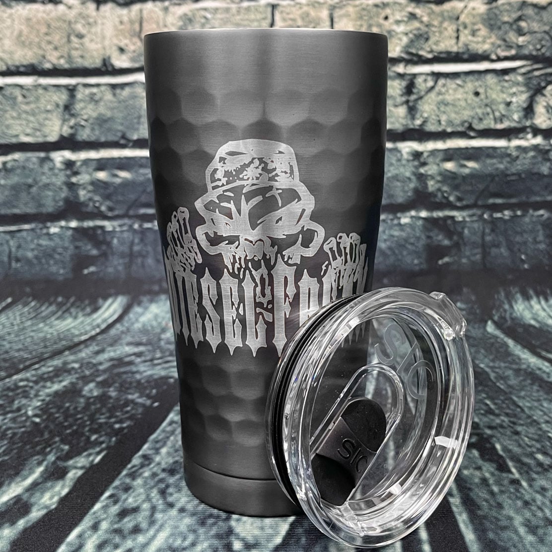 Engraved Peeping Skully 20oz SIC Dimpled Tumbler in Gunmetal - Diesel Freak