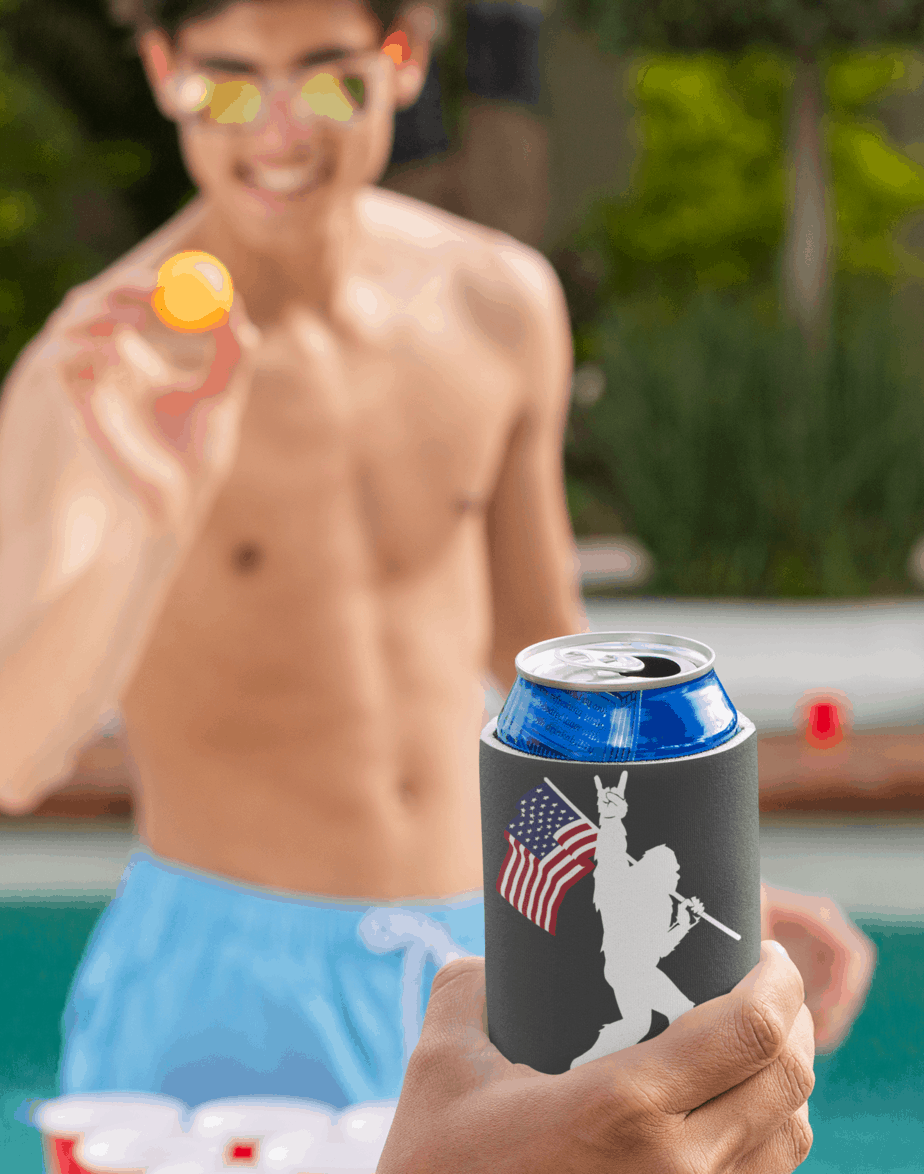 Sasquatch Rock On American Flag bigfoot Foam Can and Bottle Coolers - Diesel Freak