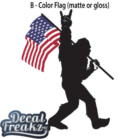 Sasquatch Rock On American Flag Bigfoot Decal - Black with Colored Flag - Diesel Freak