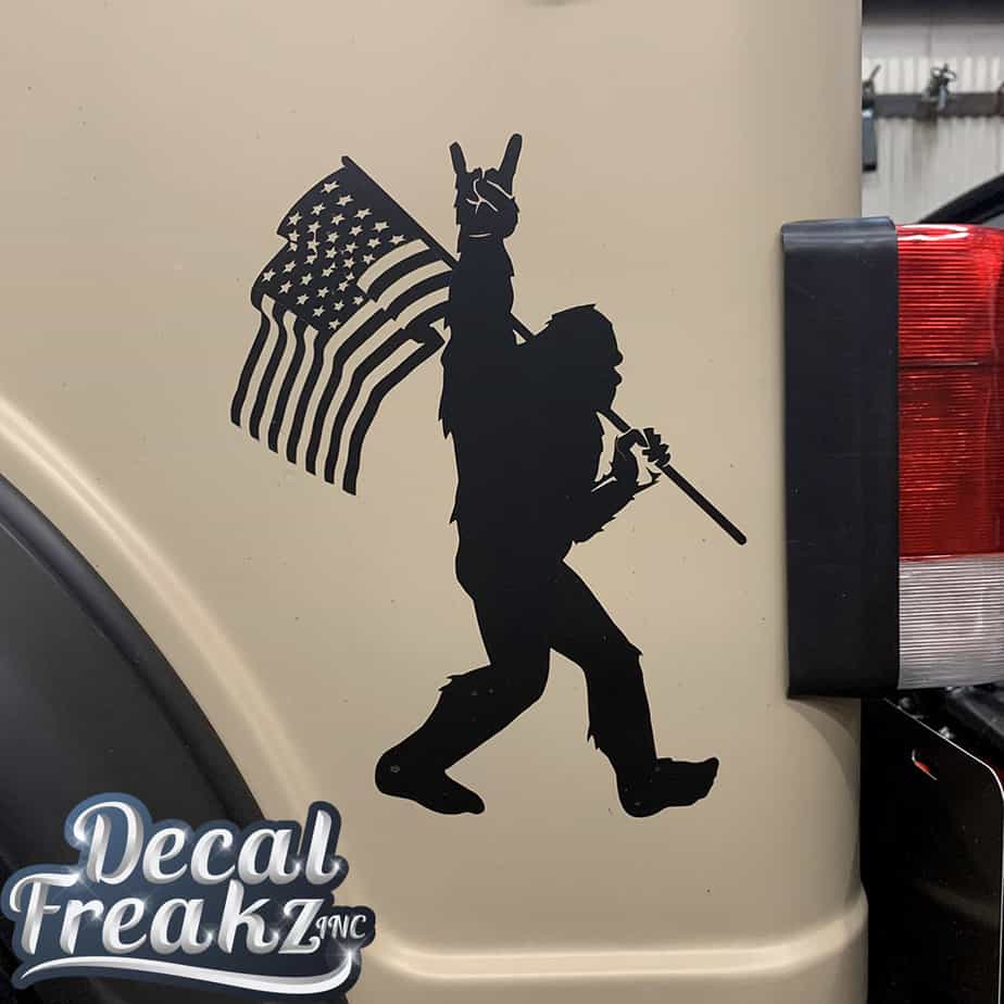 Sasquatch Rock On American Flag Bigfoot Decal - SOLID BLACK - Diesel Freak