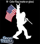 Sasquatch Rock On American Flag Bigfoot Decal - White with Colored Flag - Diesel Freak