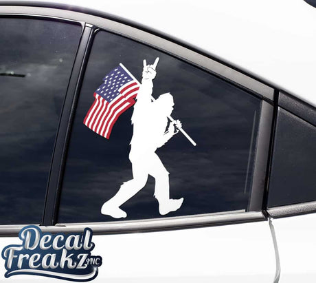 Sasquatch Rock On American Flag Bigfoot Decal - White with Colored Flag - Diesel Freak